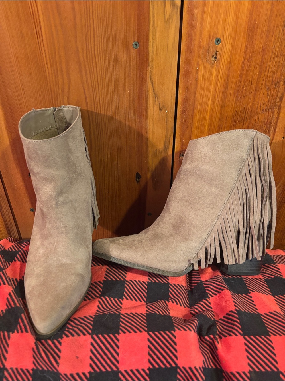 Candie's Taupe Fringe Suede Ankle Boots